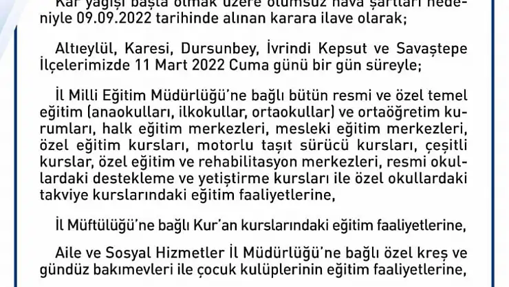 Balıkesir'de 6 ilçeye daha kar tatili
